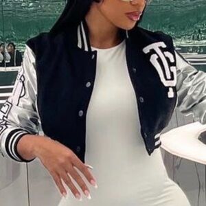Women's Black and Silver Varsity Jacket